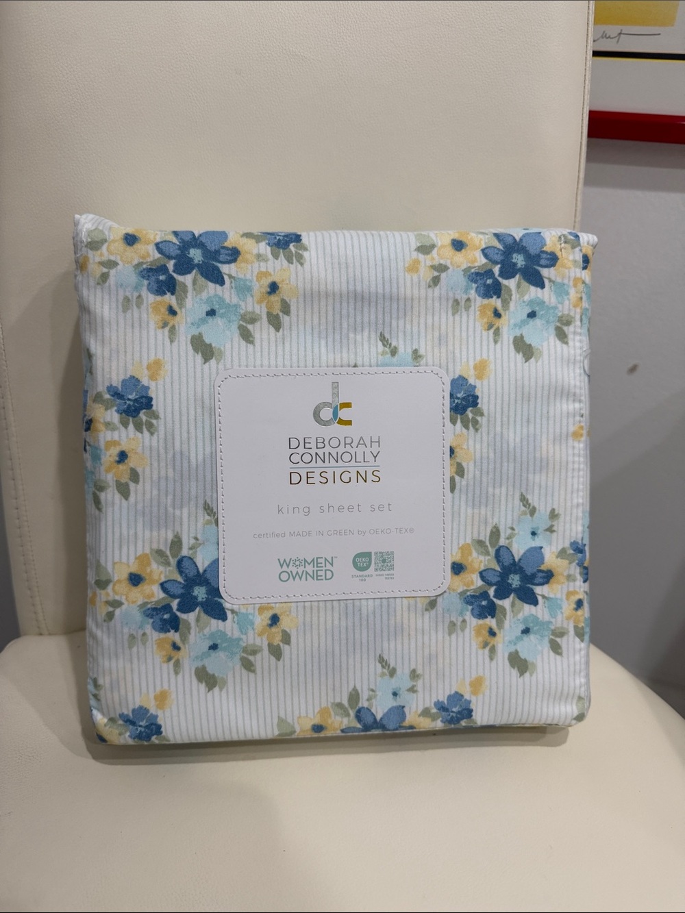 Deborah Connolly Blue & Yellow Floral & Stripe KING Sheet Set